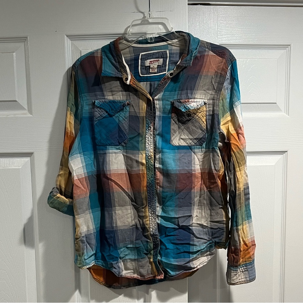 Arizona Jean Company Blue and Teal Plaid Shirt